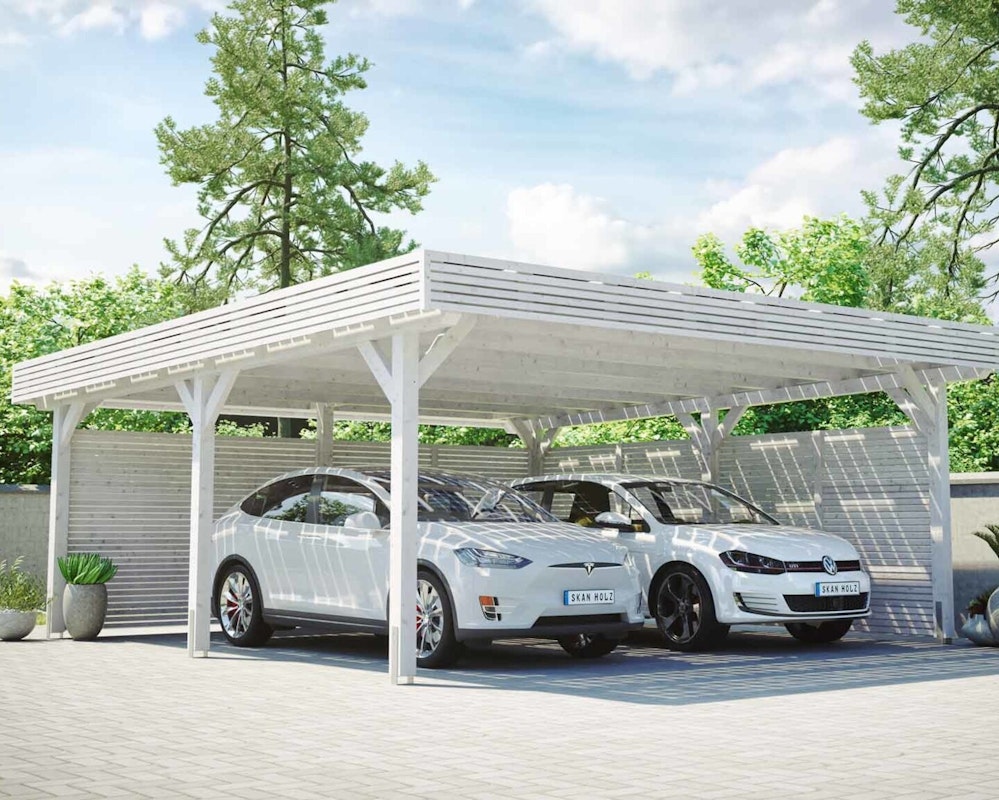 Skan Holz Solardachcarport Skan Holz Solardachcarport in weiß mit zwei Stellplätzen