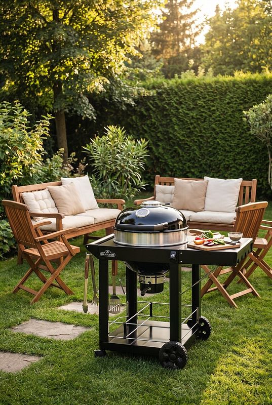 Grillplatz mit mobilem Holzkohlegrill und bequemen Gartenmöbeln