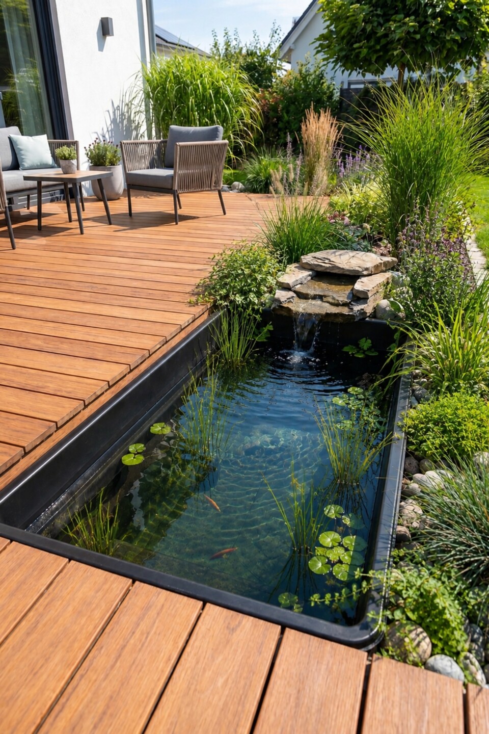 Rechteckiges Wasserbecken mit Wasserfall neben Holzterrasse