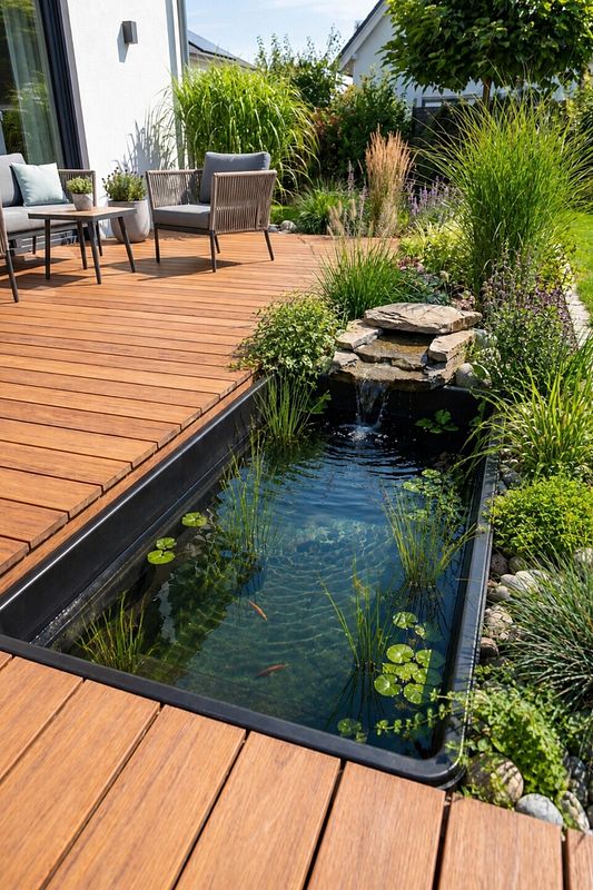 Rechteckiges Wasserbecken mit Wasserfall neben Holzterrasse