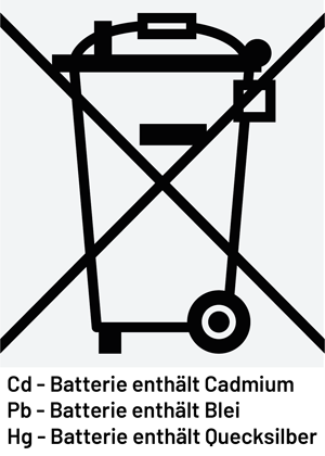 Batterieentsorgung Symbol mit einer durchgestrichenen Mülltonne und Erklärung der Abkürzungen Cd: Batterie enthält Cadmium; Pb: Batterie enthält Blei; Hg: Batterie enthält Quecksilber