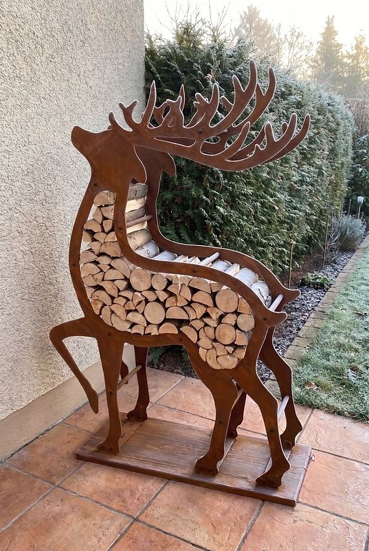 Im winterlichen Garten lagert ein Hirsch-Holzregal Brennholz