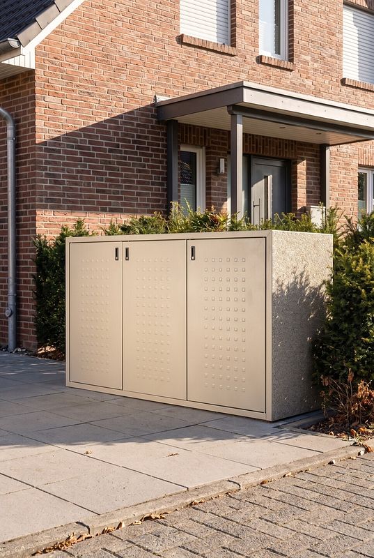 Eine dichte Hecke rahmt eine beige Mülltonnenbox vor einem Backsteinhaus ein.