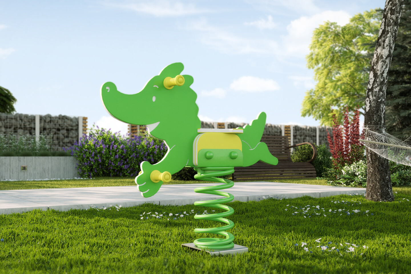 Eine Kinderwippe in Gestalt des beliebten grünen Drachen Tabaluga