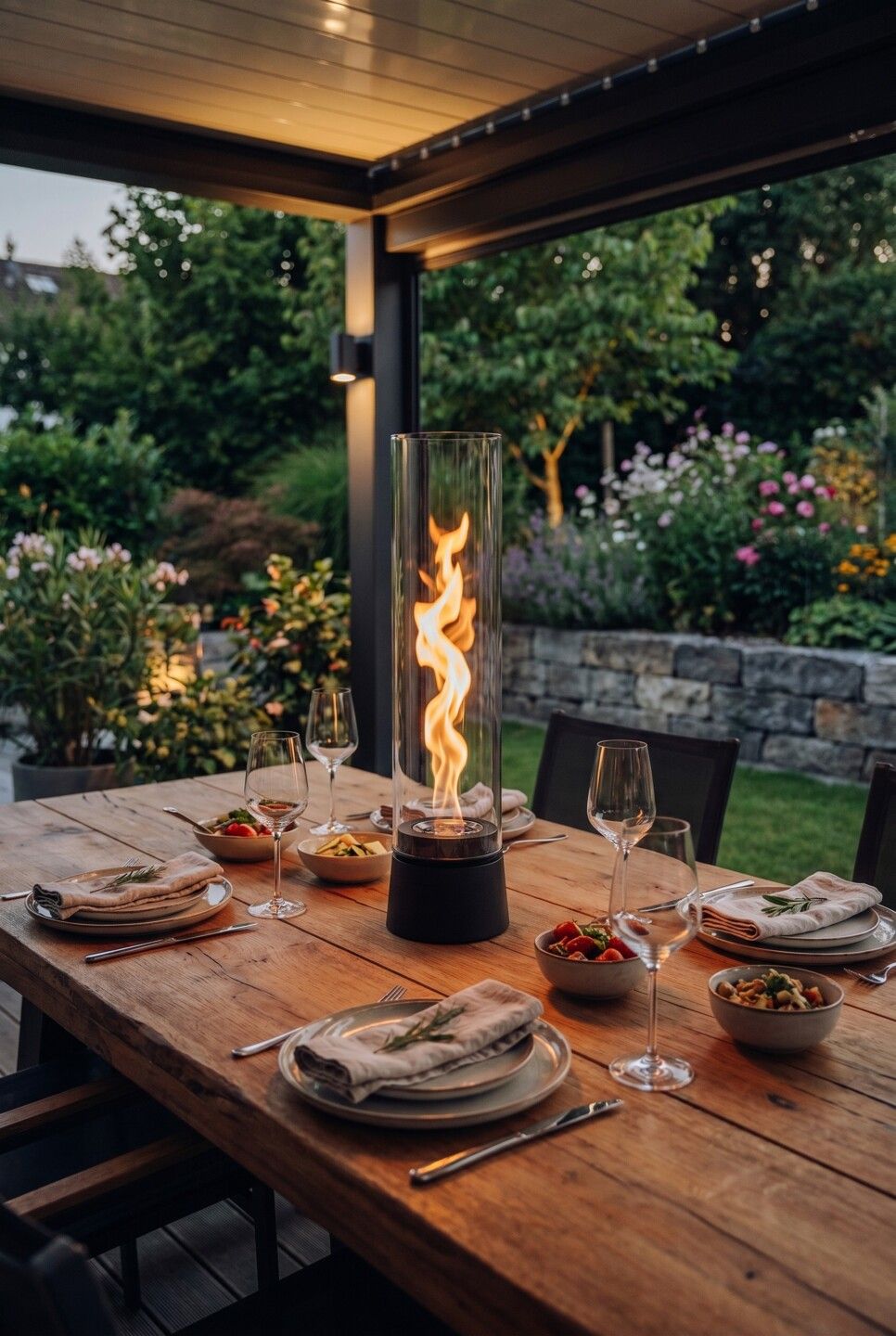 Tischfeuer mit wirbelnder Flamme auf gedecktem Gartentisch 