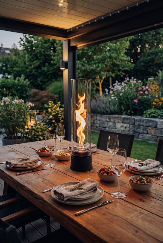 Tischfeuer mit wirbelnder Flamme auf gedecktem Gartentisch 