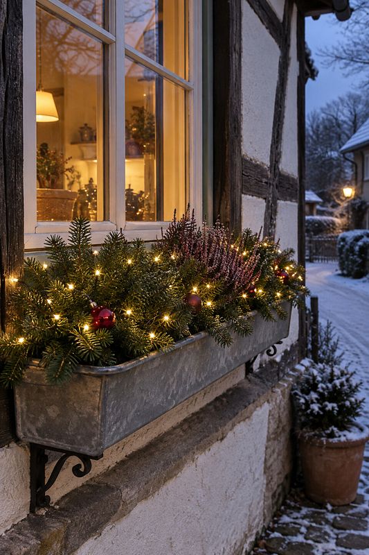 Winterlicher Blumenkasten mit Tannengrün und kleinen Lichtern vor einem Fenster.