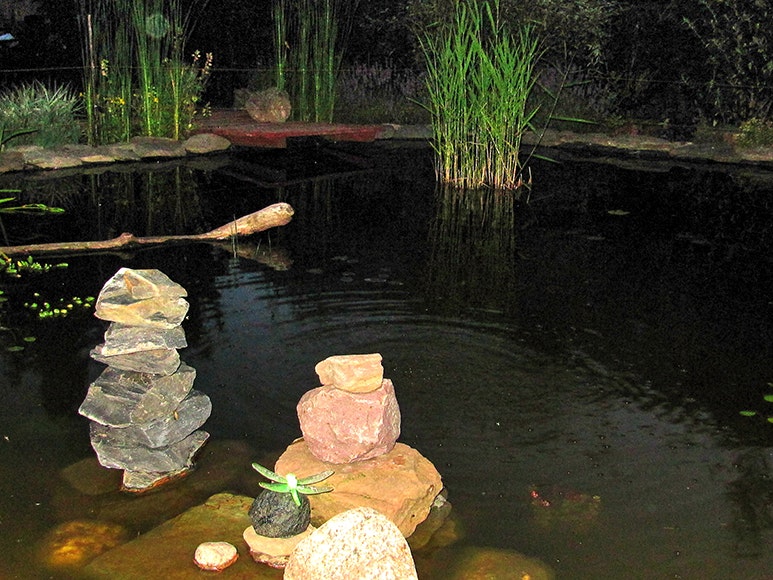 Der Gartenteich ist auch bei Nacht ein Blickfang. Der Gartenteich ist auch bei Nacht ein Blickfang.