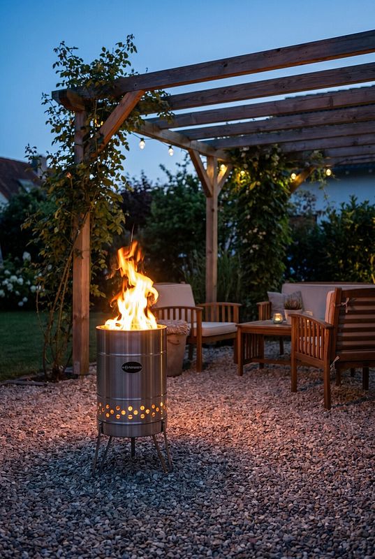 Edelstahl-Feuertonne mit raucharmem Feuer im Garten 