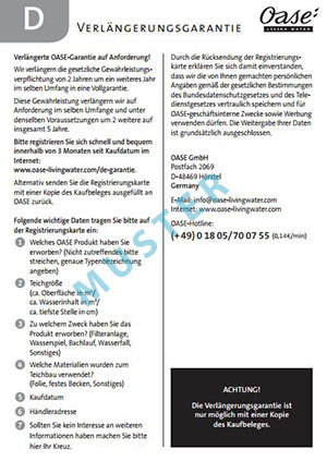 Oase Garantieverlängerung 3 + 2 Formular Download
