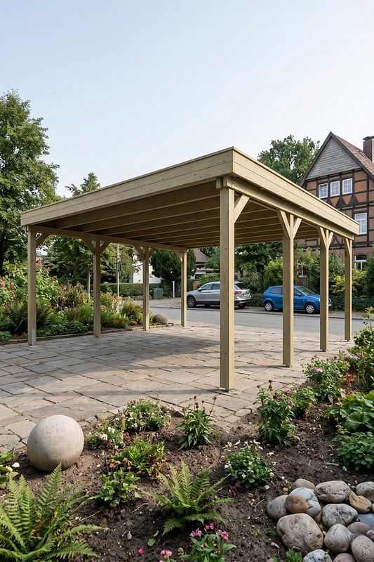 Freistehendes Carport aus hellem Holz steht vor einem Haus an der Straße