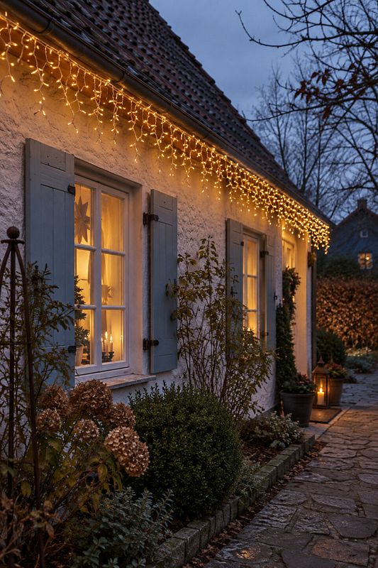 Eisregen-Lichtervorhang zeichnet die Dachkante eines Hauses nach