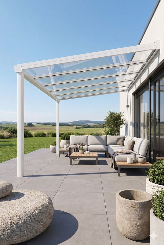 Minimalistische Lounge unter einer weißen Aluminium-Terrassenüberdachung