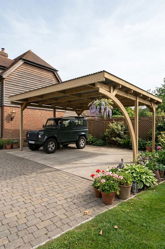 Schlichter hölzerner Carport mit einseitigem Rundbogen und Geländewagen darunter