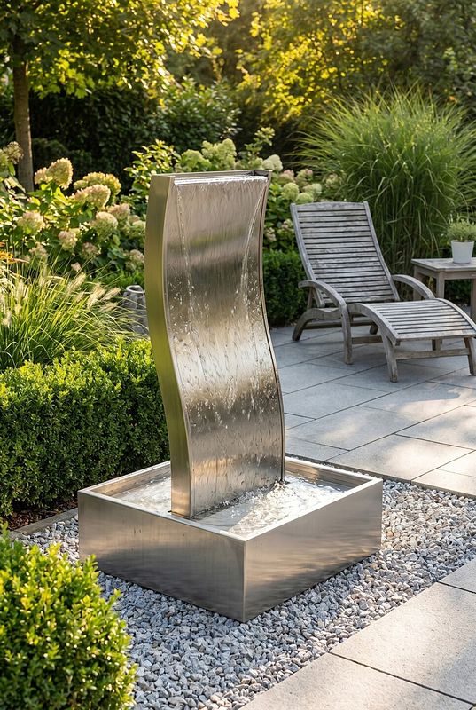 Gebogene Edelstahl-Wasserwand leitet Wasser in ein quadratisches Becken