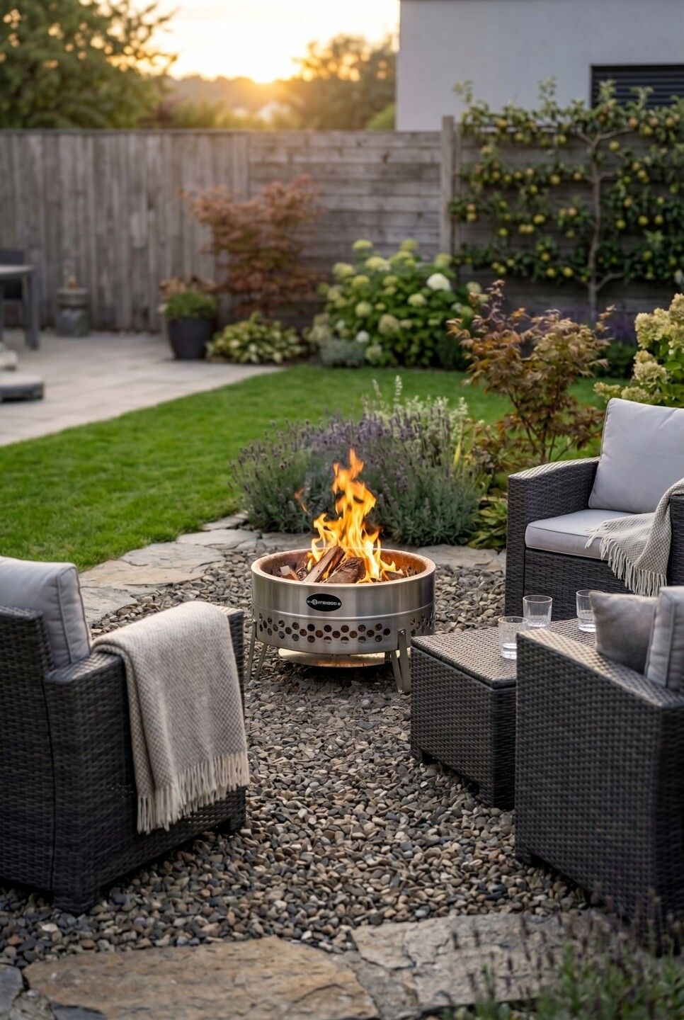 Moderne Edelstahl-Feuerschale auf Steinterrasse im Garten