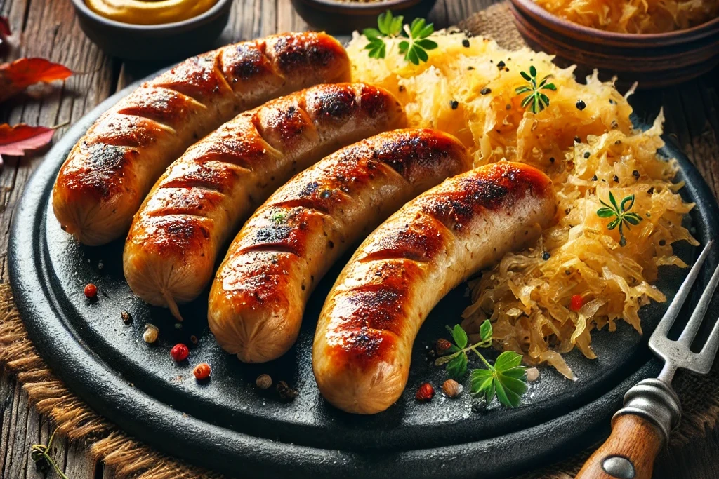 Gegrillte Wildschweinwurst mit Sauerkraut