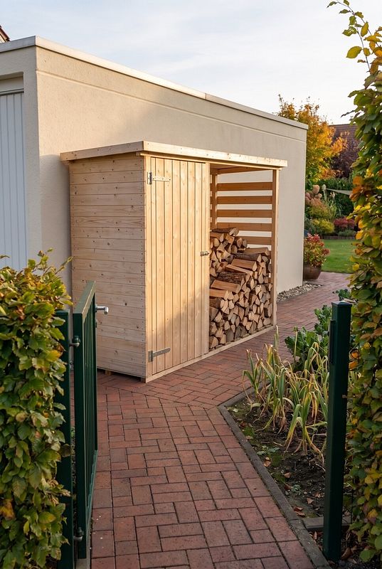 Holzlager mit Geräteraum trennt Brennholz vom geschlossenen Stauraum