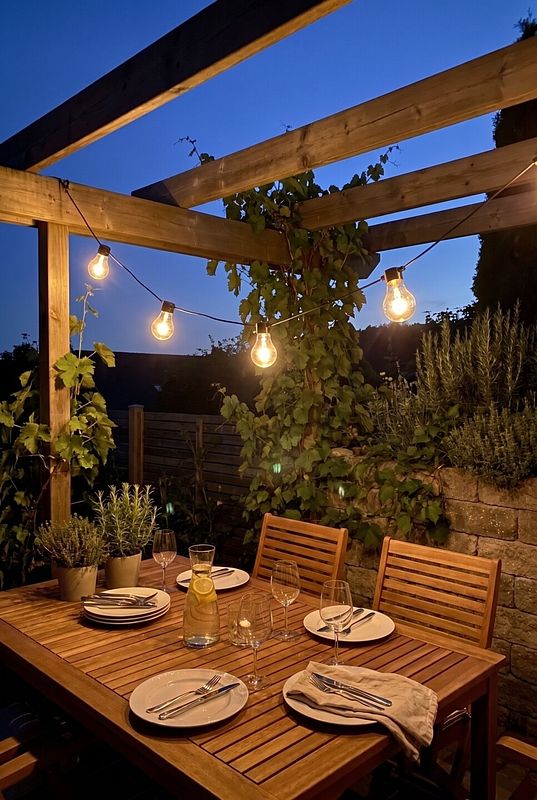Eine Lichterkette an der Pergola hängt über einem Gartentisch