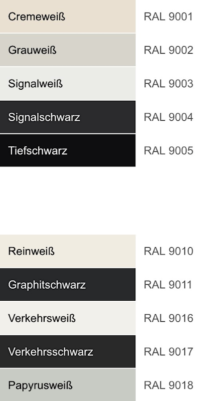 Weiß & Schwarz RAL-Farbnummern Weiß & Schwarz
