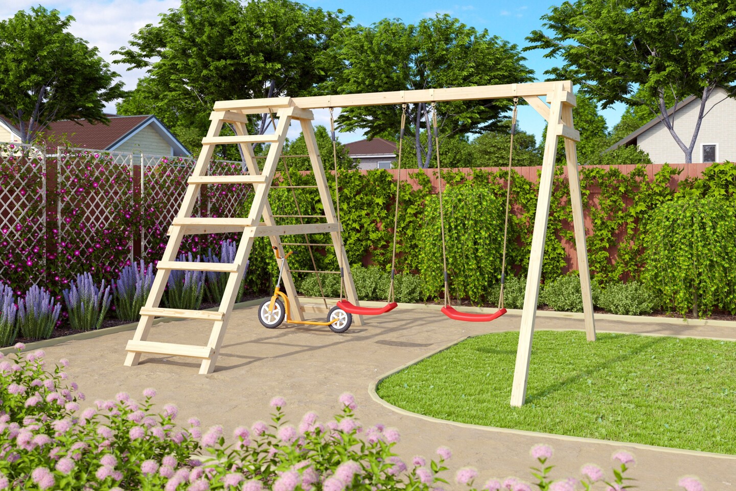 Eine Kinderschaukel mit Klettergerüst steht im Garten