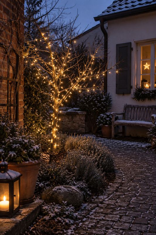 Kleine Lichter betonen die Äste eines kahlen Baums im winterlichen Garten