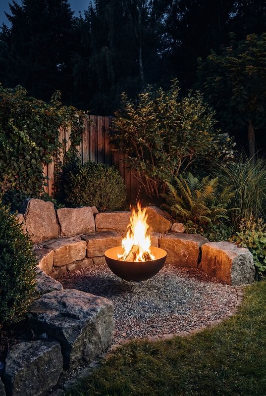 Feuerschale mit Lagerfeuer-Atmosphäre und Natursteinen 