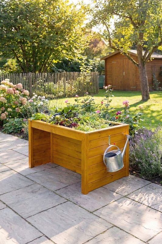 Hochbeet aus Holz mit Pflanzen auf Steinplatten im Garten für Rollstuhlfahrer