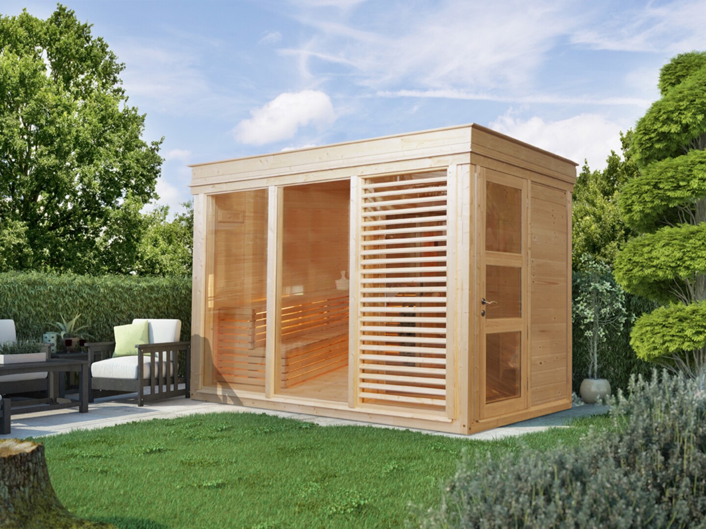 Eine Elementsauna für den Garten ist selten aber sehr flexibel und individuell