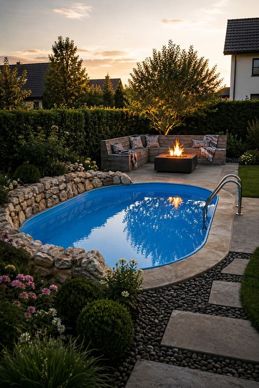Großer Swimming Pool bei Sonnenuntergang neben Gartenlounge mit Feuerstelle