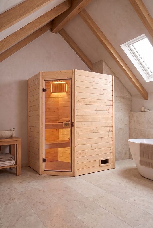 Helle Massivholzsauna mit Eckeeinstieg unter der Dachschräge