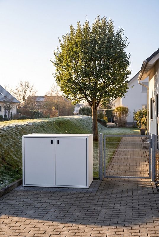 Eine weiße Mülltonnenbox ergänzt die helle Fassade und die schlicht gestaltete Einfahrt.