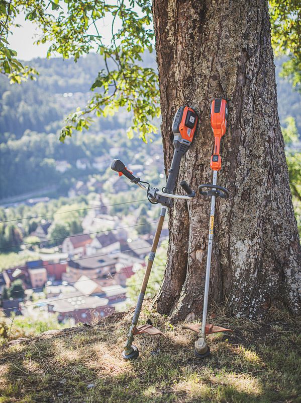 Zwei orangefarbene Freischneider von Husqvarna lehnen an einem Baum