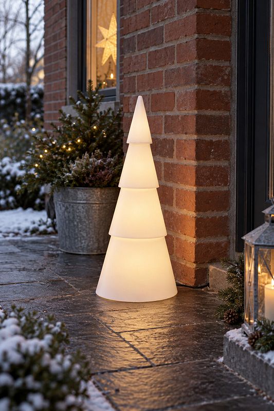 Ein LED Weihnachtsbaum neben der Haustür eines Backsteinhauses