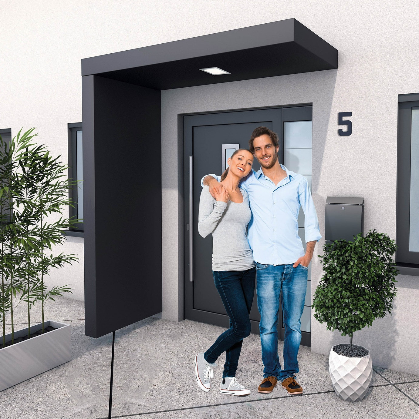 L-förmiges Vordach mit Seitenteil aus pulverbeschichtetem Aluminium von Gutta