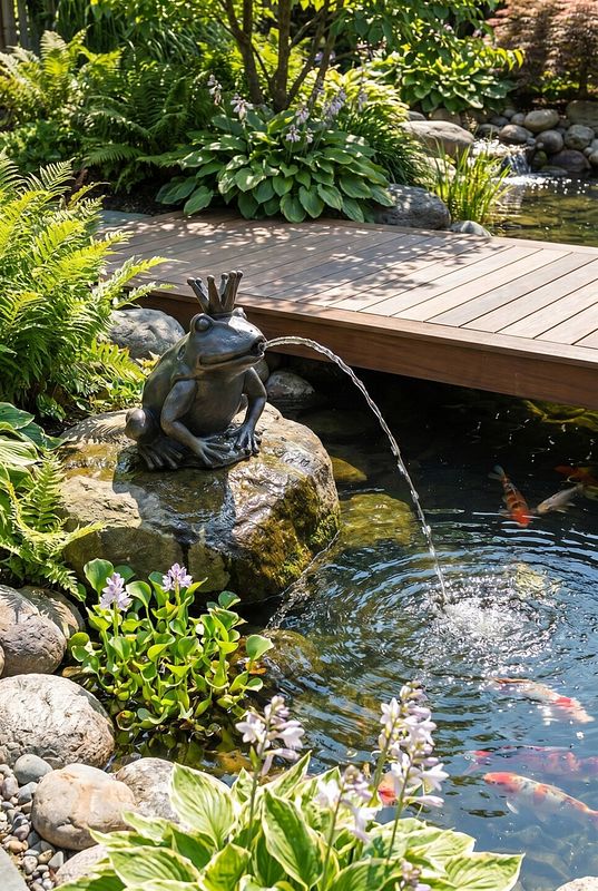 Froschfigur speit Wasser in den Gartenteich