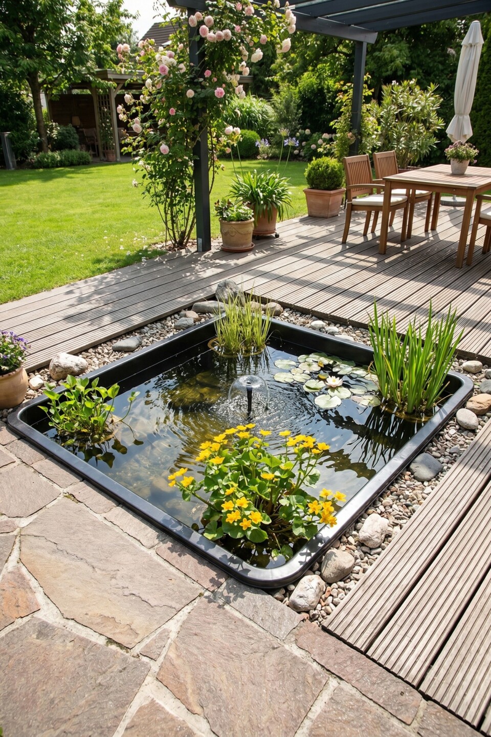 Quadratischer Teich mit Springbrunnen in Terrasse eingelassen