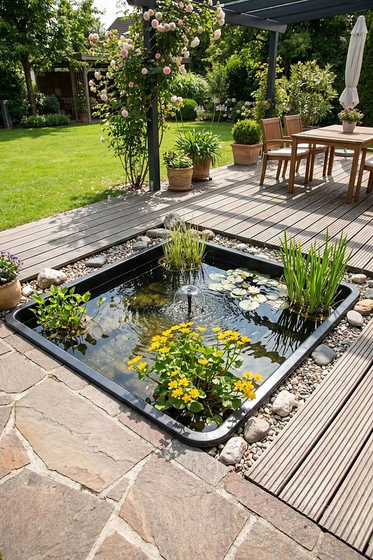 Quadratischer Teich mit Springbrunnen in Terrasse eingelassen