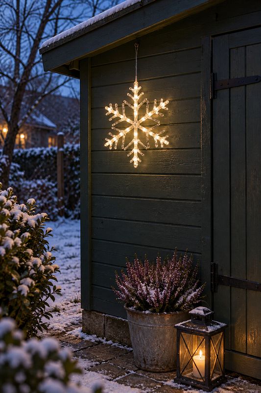 Eine große LED Schneeflocke an einem Gartenhaus