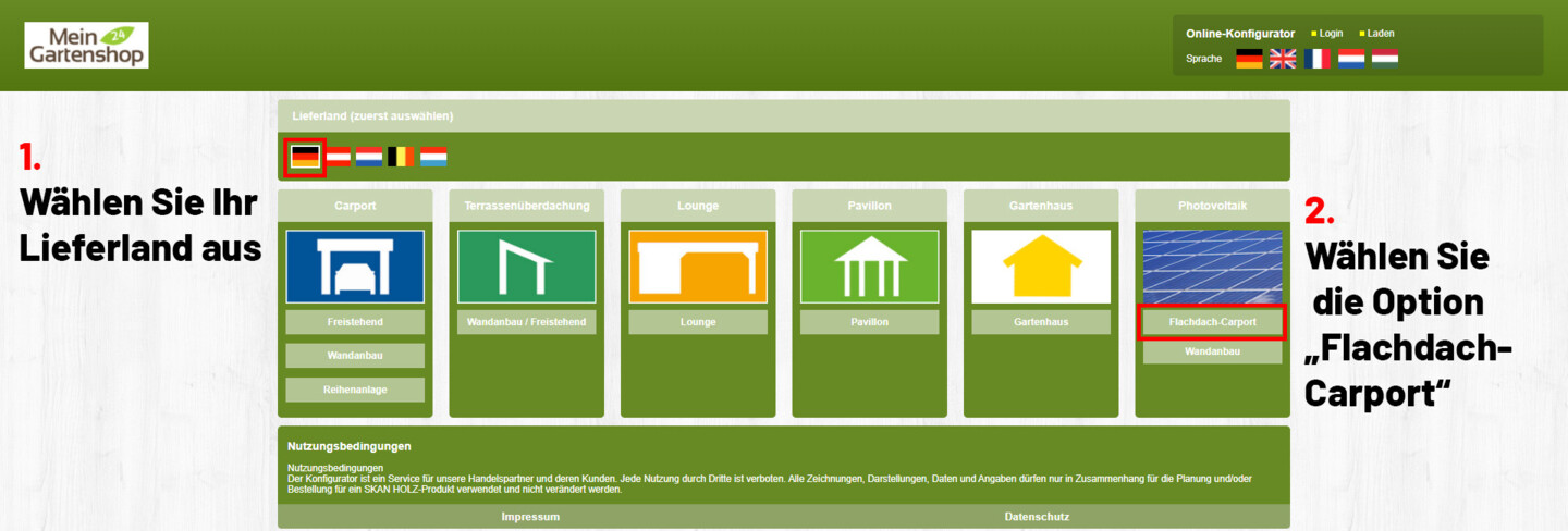 Skanholz Konfigurator für individuelle Carports und Gartenhäuser