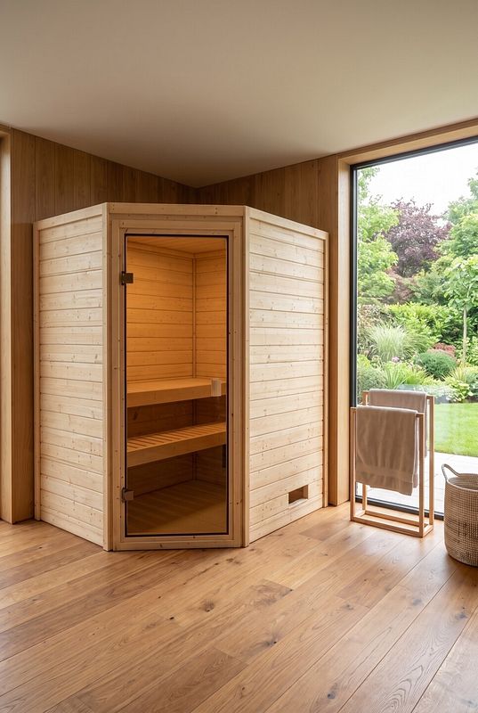 Klassische Holzkabine als Innensauna in einem wohnlich eingerichteten Raum