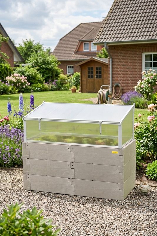 Hochbeet mit transparentem Frühbeetaufsatz im Hausgarten