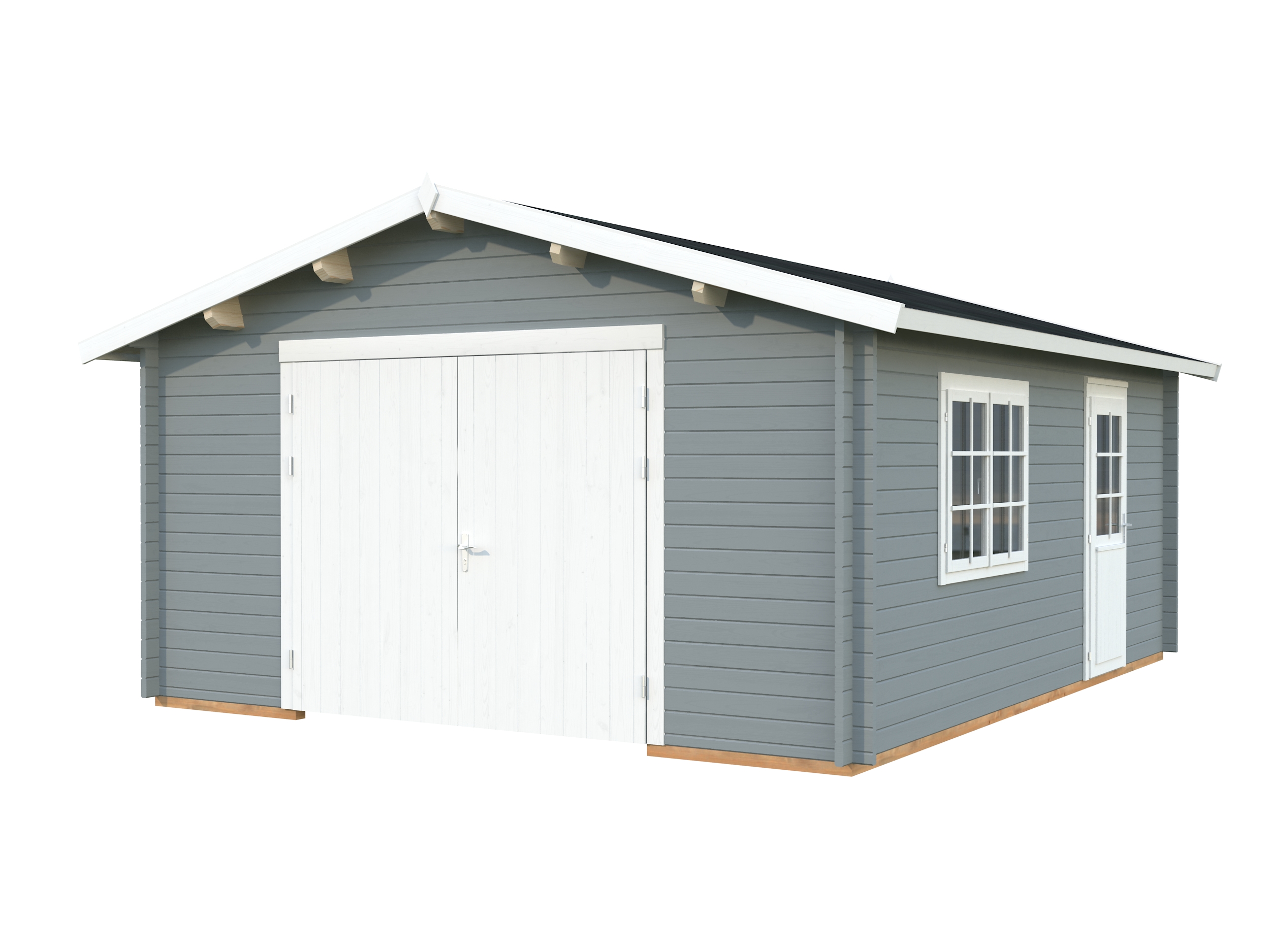 Palmako Garage Roger 23,9 m² - 44 mm - mit Holztor hellgrau/weiß lackiert