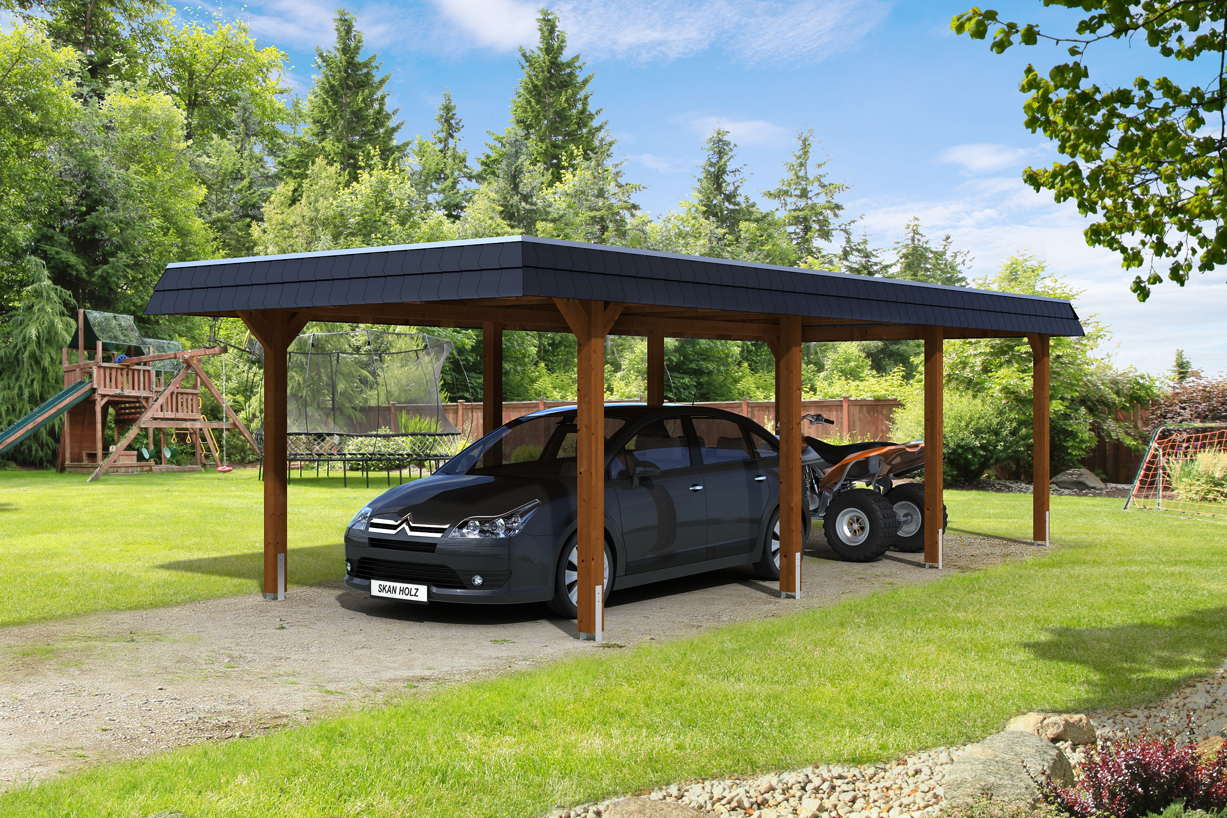 Carport Wendland 362x870 schwarze Blende, nussbaum, 20mm Dachschalung mit EPDM Folie Holzcarport