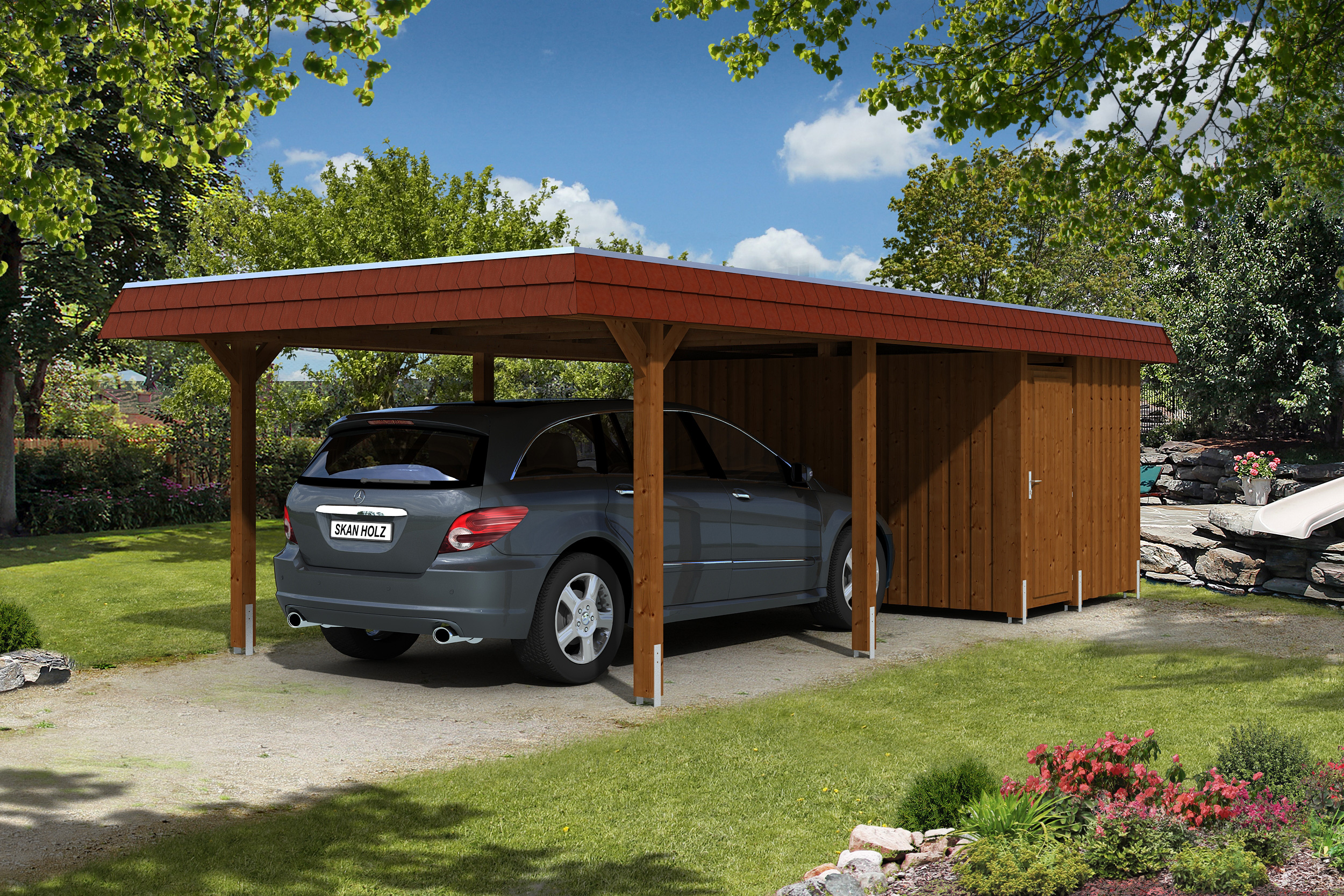 Carport Wendland 409x870 rote Blende, nussbaum, mit Abstellraum, Dachschalung und EPDM Holzcarport