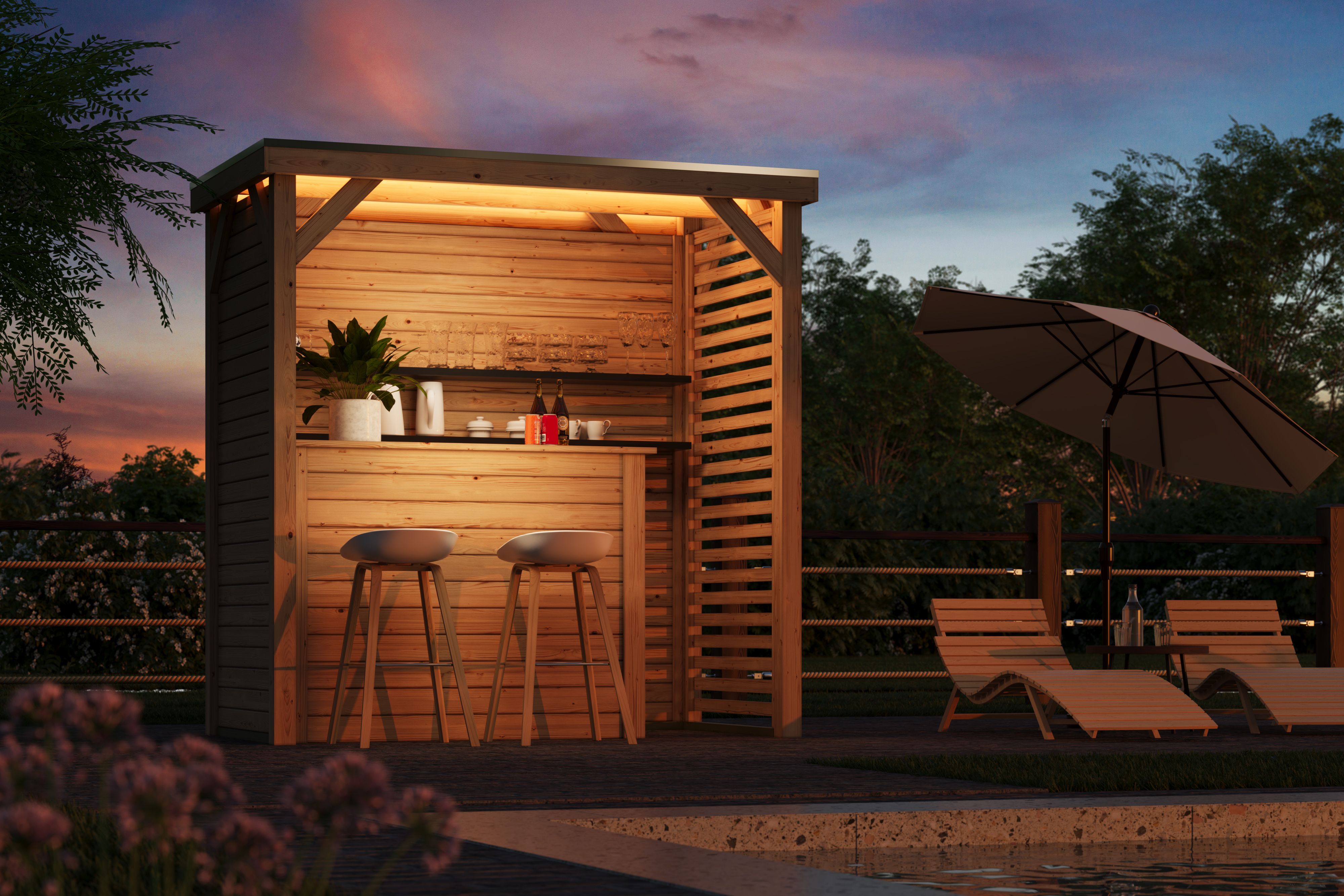 Karibu Grillpavillon Außenküche inkl. Holzbar (231 x 124,5 cm - Größe S) inkl. gratis H-Pfostenanker