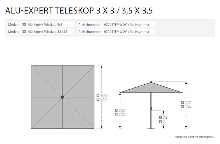doppler Mittelmastschirm ALU EXPERT 350 x 350 Telescope, Aluminium Silber / 100 % Polyester 180 g/m²