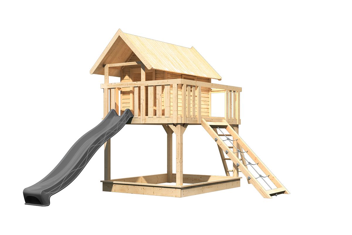 Akubi Stelzenhaus Fidel mit Satteldach inkl. Wellenrutsche anthrazit und Netzrampe naturbelassen