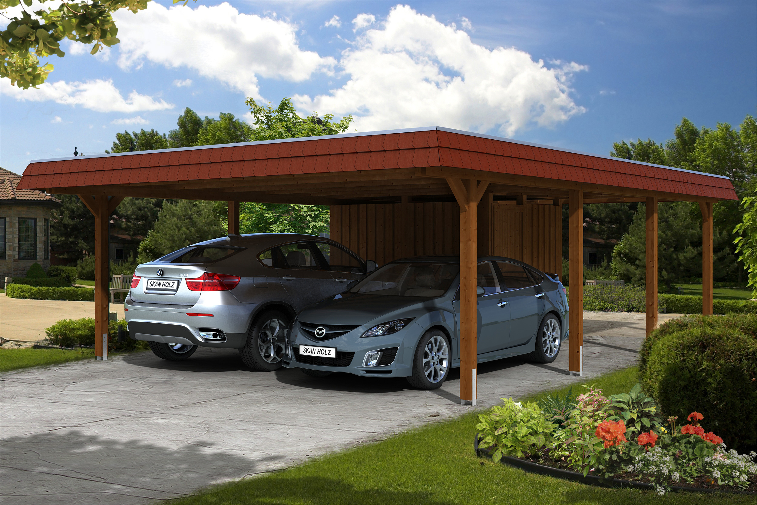 Skan Holz Walmdach Carport Breite 630cm inkl. Abstellraum nussbaum rote Blende Holzcarport