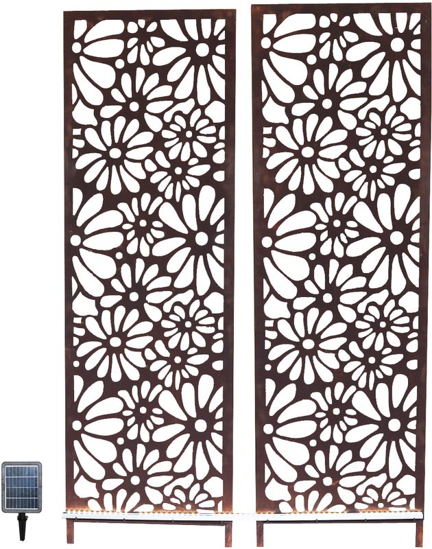 Garden Pleasure Gartenstele DAISIES mit Solar-LED, 2er Set, Stahl Rost-Optik